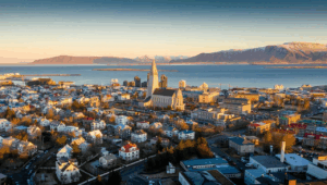 Colorful Reykjavík rooftops with Hallgrímskirkja church and harbor views – the charming capital city in this Iceland travel guide